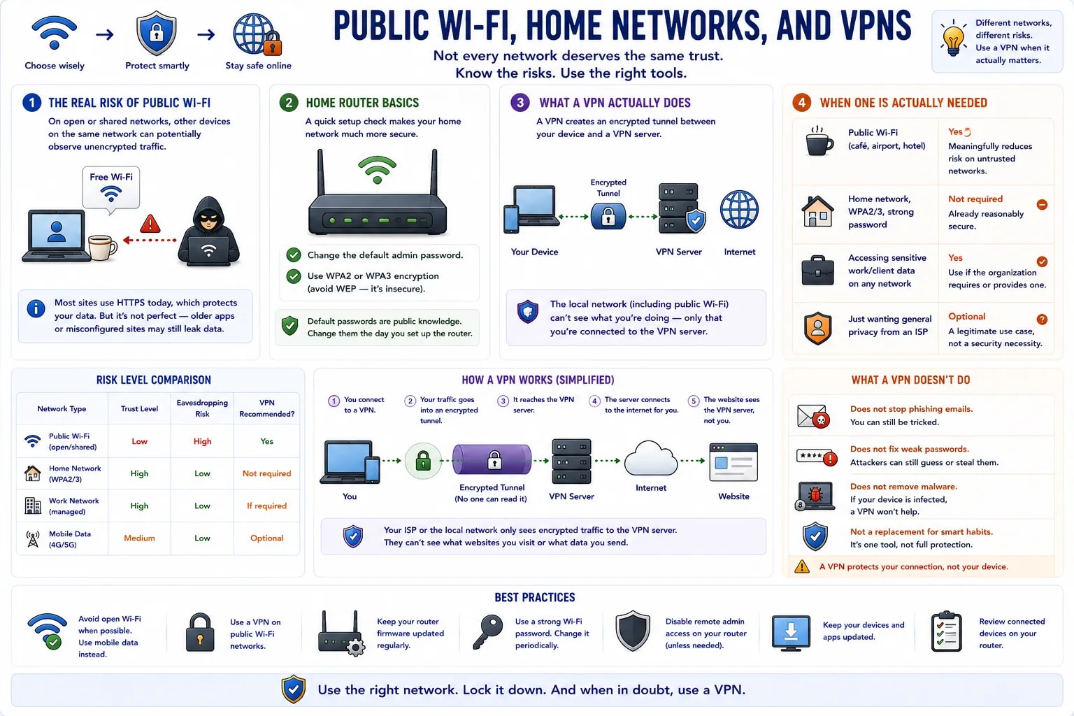 একটা infographic যেখানে public Wi-Fi risk, home router basics, একটা VPN আসলে কী করে, আর কখন এটা আসলে দরকার কভার করা