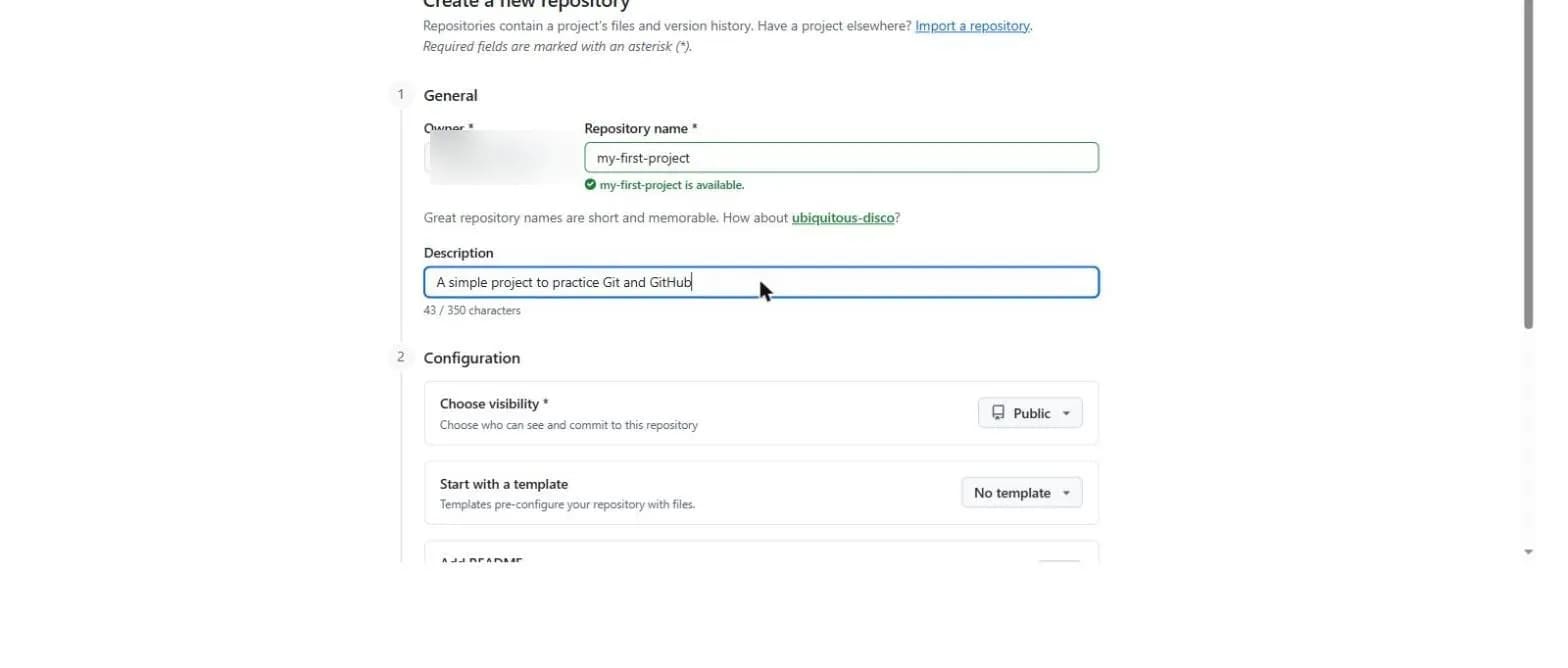 The real "Create a new repository" form on GitHub, with the repository name and description filled in — the Owner/username field blurred for privacy