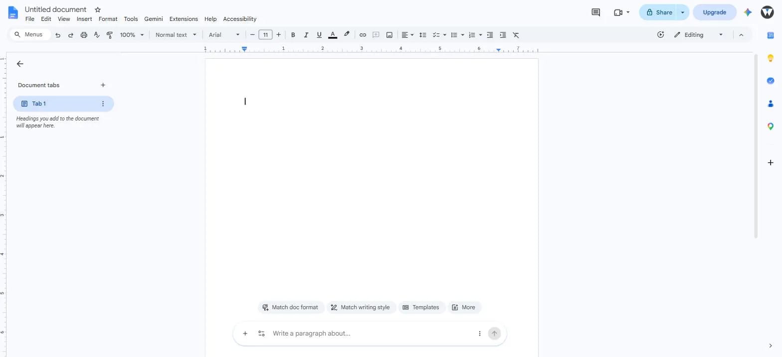 A blank Google Docs document, showing the menu bar, formatting toolbar, ruler, and an empty page with the cursor at the top