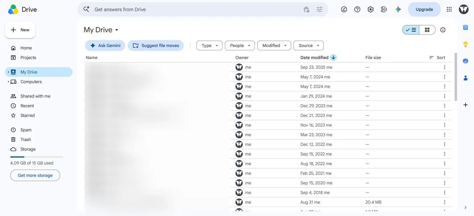 The Google Drive file list in list view, showing columns for Owner, Date modified, and File size — the Name column is intentionally blurred to protect real file and client names