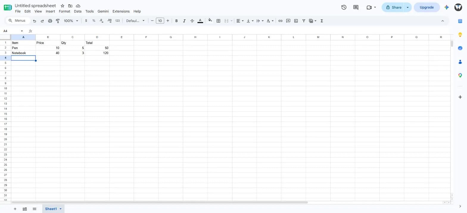 A Google Sheets spreadsheet with a small worked example — an Item, Price, Qty, and Total column, with the Total column calculated by a =B2*C2-style formula