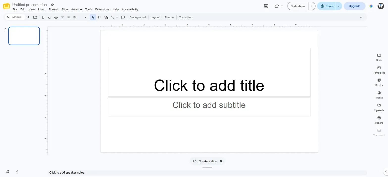 A blank Google Slides presentation, showing a title slide layout with "Click to add title" and "Click to add subtitle" placeholder text, and the slide panel on the left