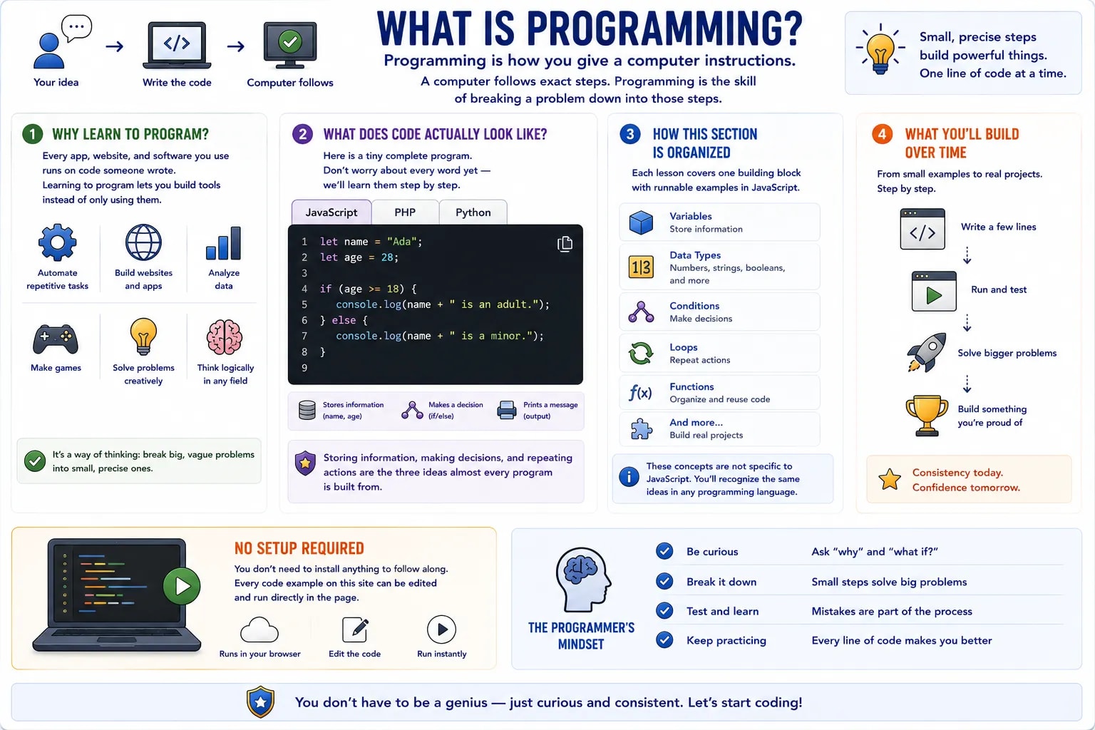 An infographic explaining what programming is — why learn to program, what code actually looks like with a JavaScript example, how this course section is organized (variables, data types, conditions, loops, functions), what you'll build over time, and the programmer's mindset