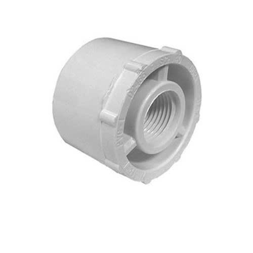 White PVC Reducer Bushing - 1-1/2" Spigot x 1-1/4" FPT