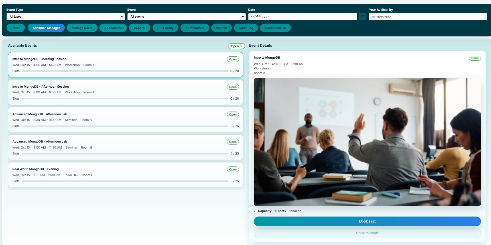 Screenshot of BookingApp workshop reservation UI
