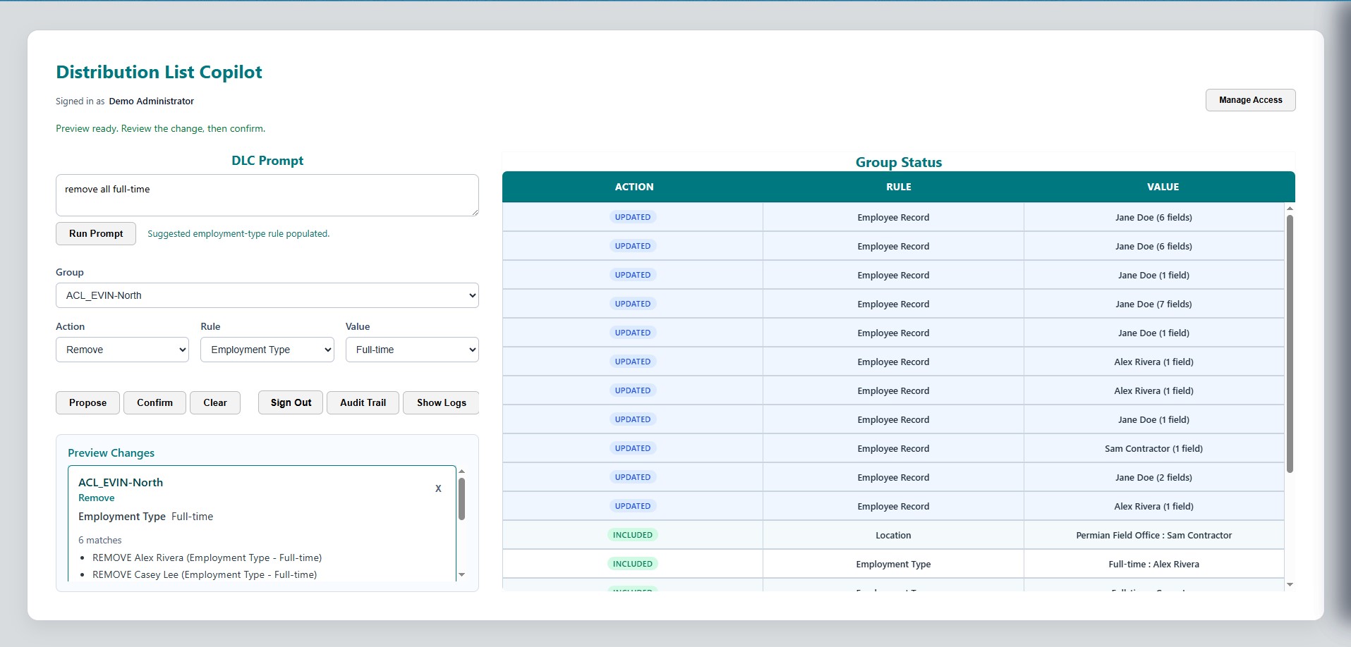 Preview of Distribution List Copilot interface