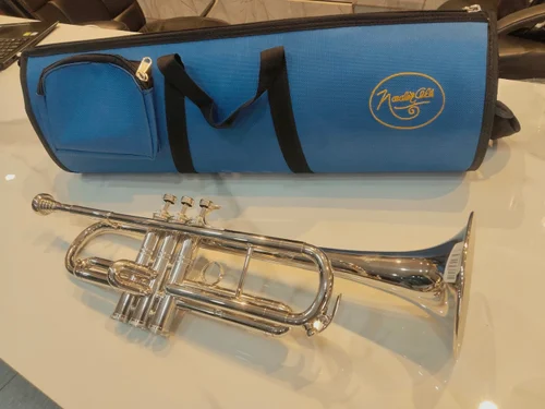 Nadir Ali silver plated brass trumpet with blue Nadir Ali carry case