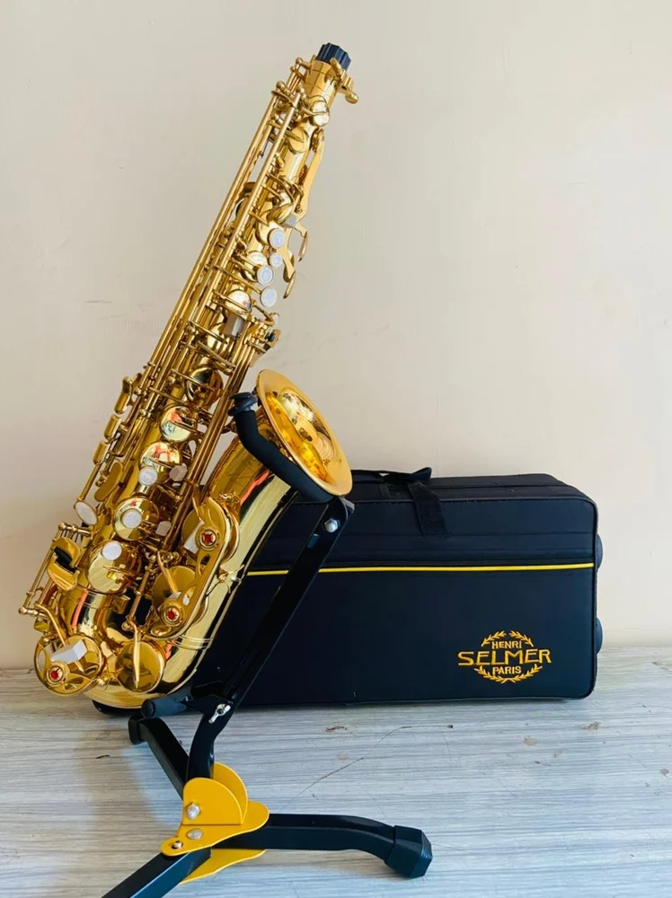 R-54 Style Alto Saxophone made in Taiwan, full front view, gold lacquer finish on solid brass body