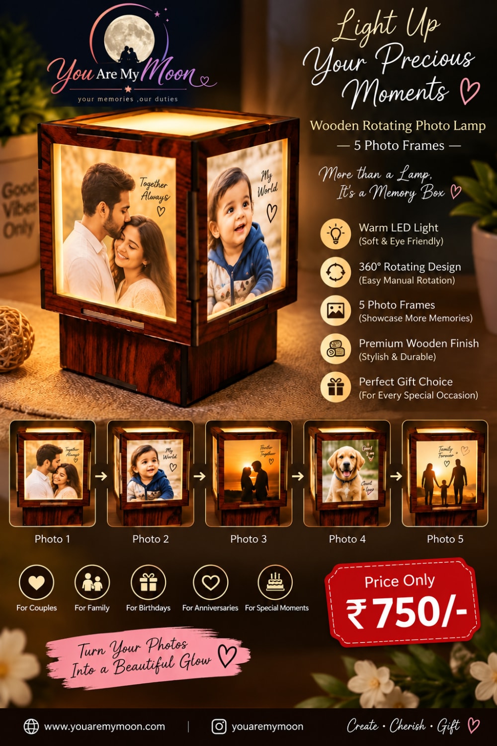 Wooden Rotating Photo Lamp (5 Frames)