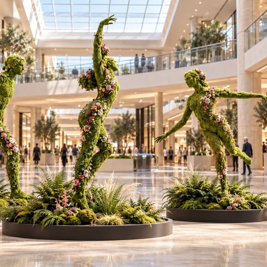 Botanische Moosfiguren in Tanzbewegung in einer Mall