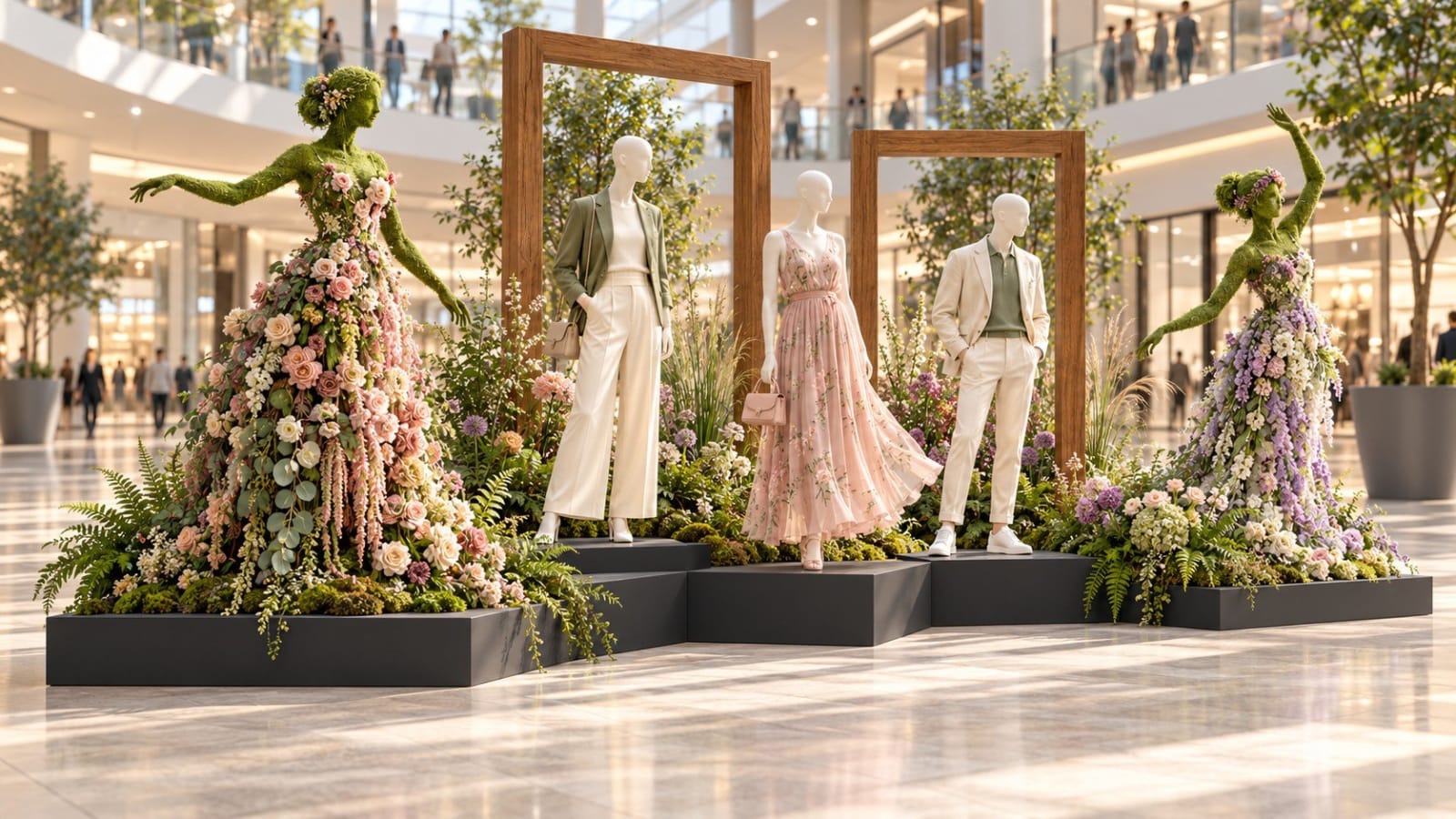 PUPPU FRAMES mit floralen Figuren und Mannequins auf einer Mallfläche