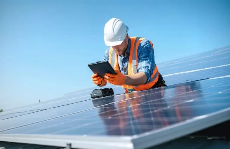 Engenheiro solar verificando painéis com tablet