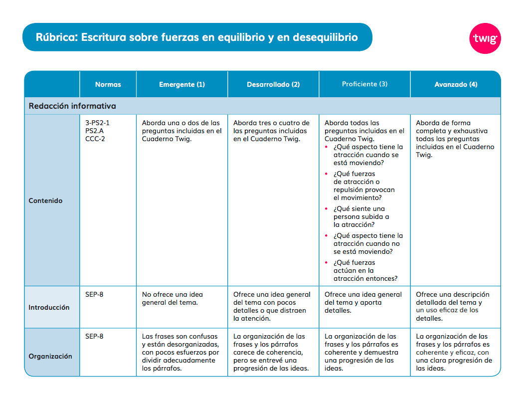 Rúbrica: Escritura sobre fuerzas en equilibrio y en desequilibrio