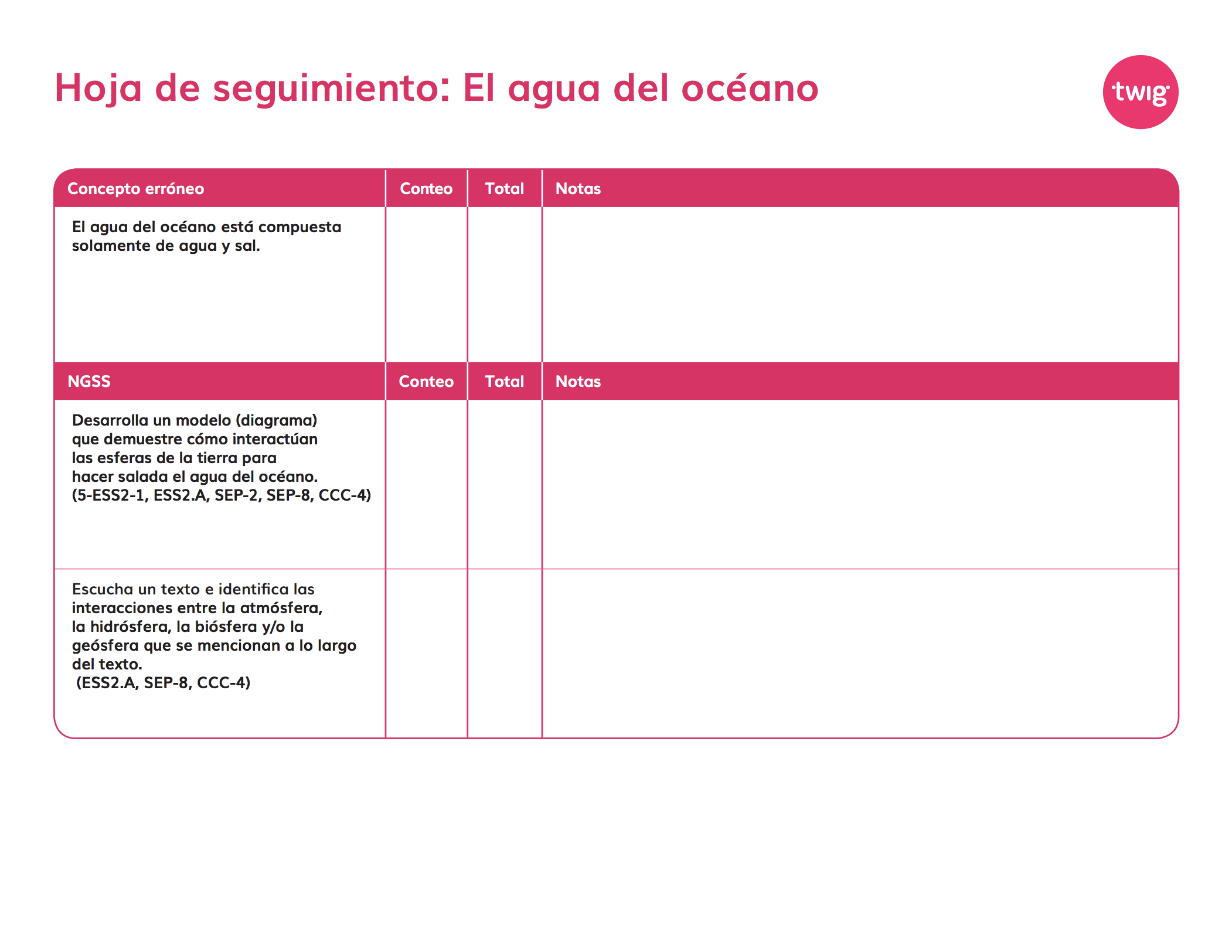 Hoja de seguimiento El agua del océano