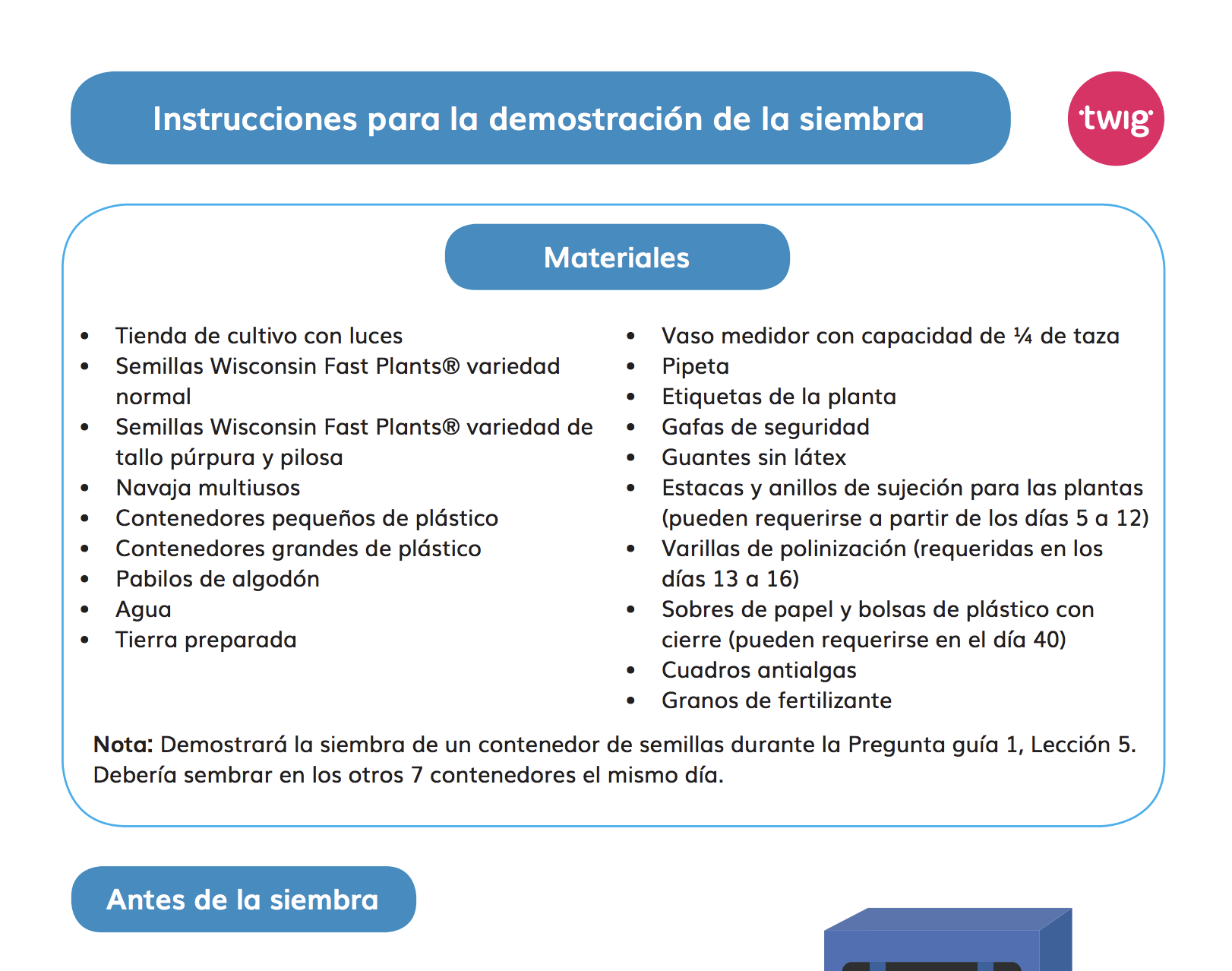 Ficha Instrucciones para la demostración de la siembra