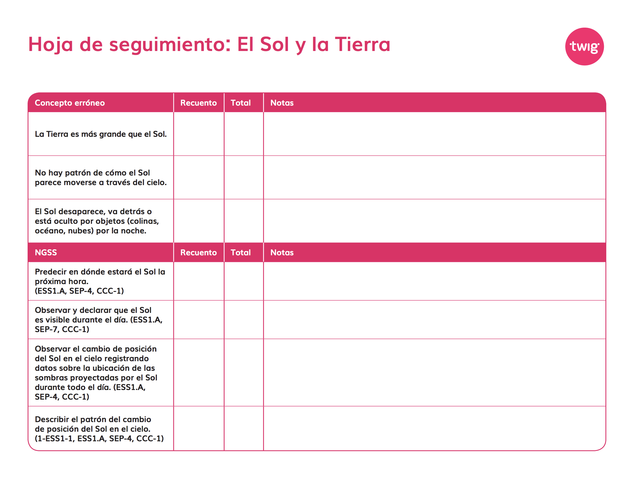 Hoja de seguimiento El Sol y la Tierra