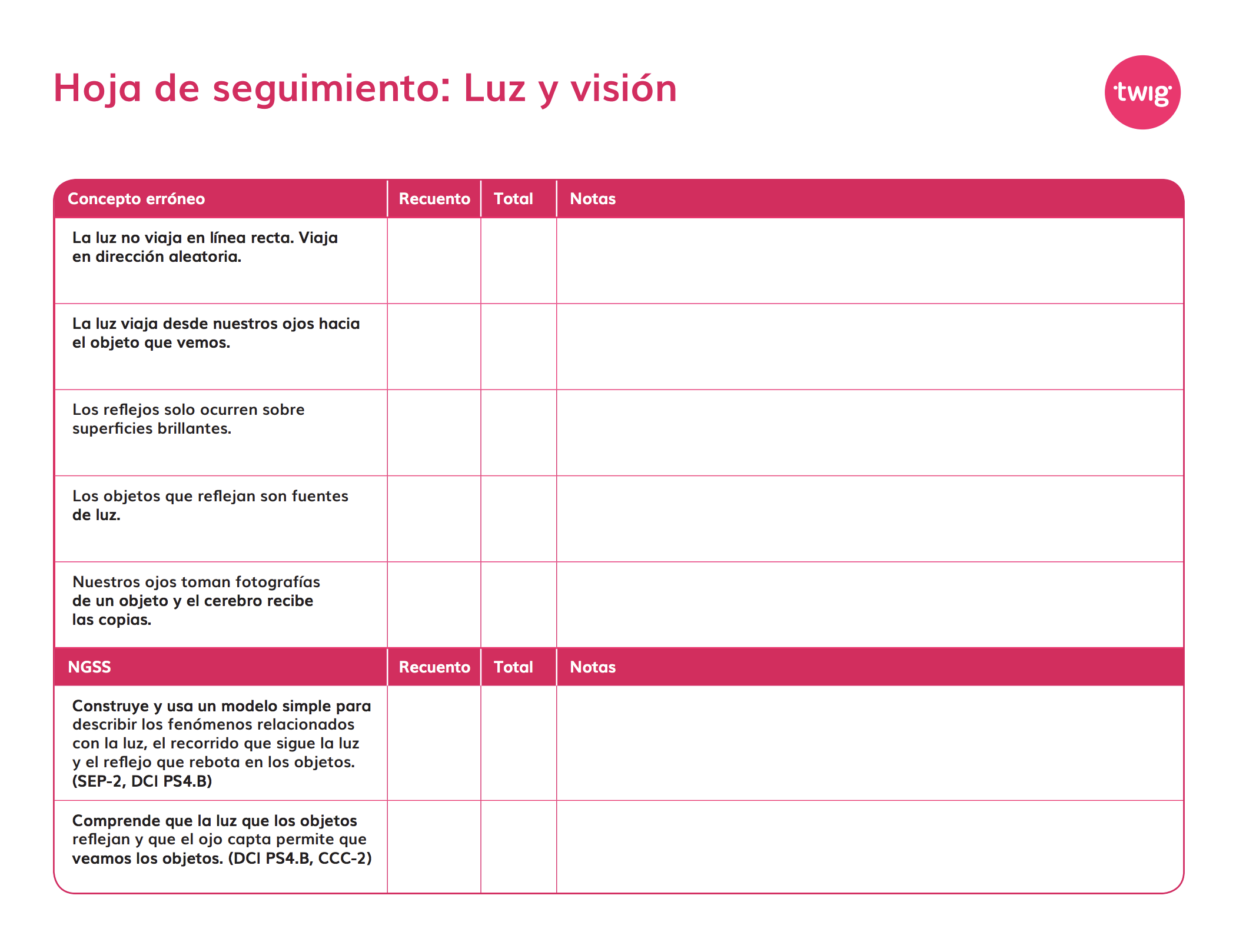 Hoja de seguimiento Luz y visión