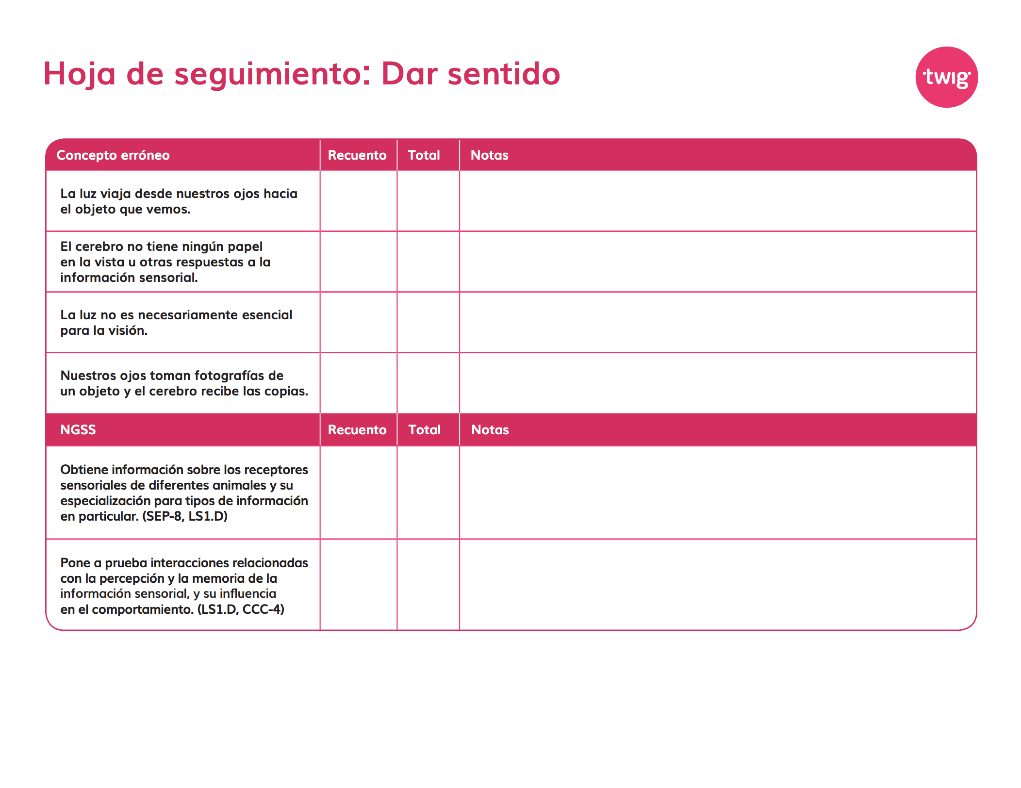 Hoja de seguimiento Dar sentido