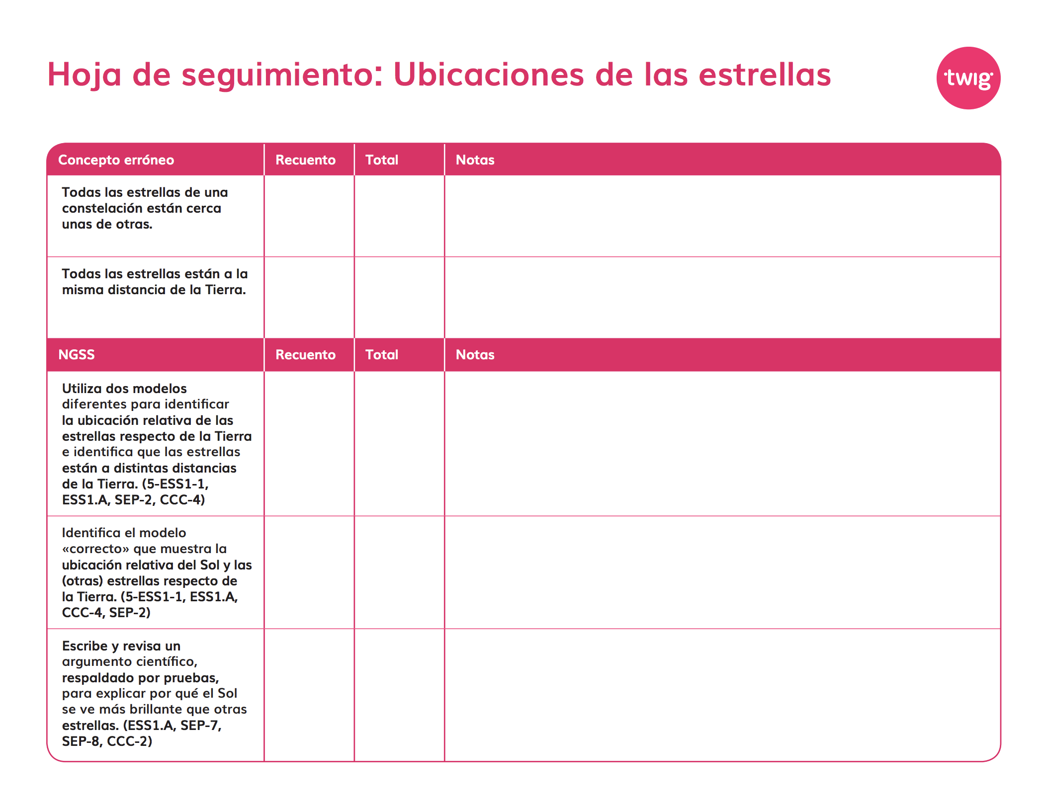 Hoja de seguimiento Ubicaciones de las estrellas