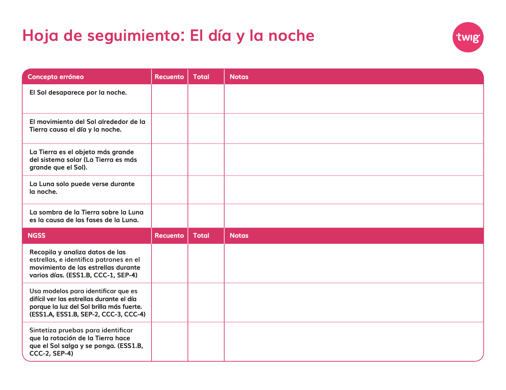 Hoja de seguimiento El día y la noche