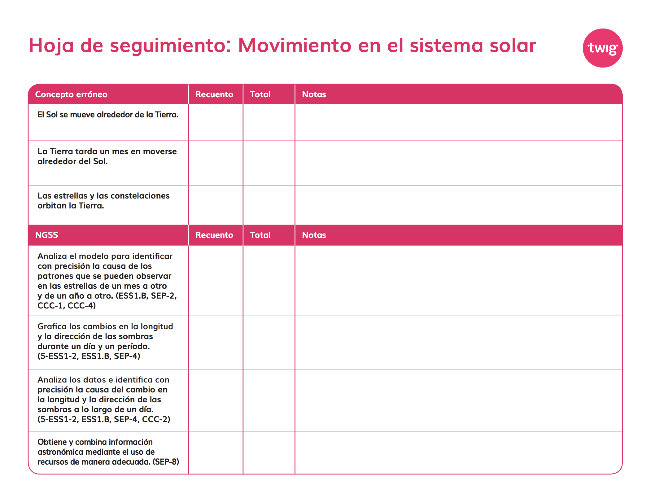 Hoja de seguimiento Movimiento en el sistema solar