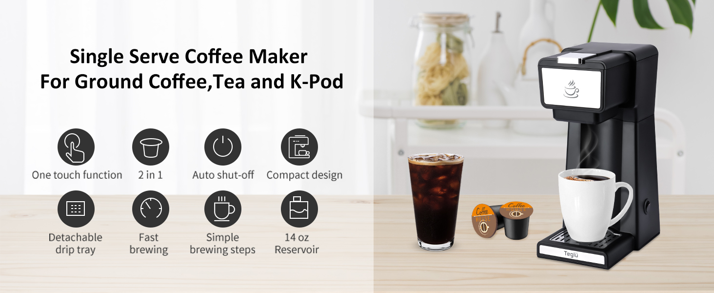 Ranbomer Single Serve Coffee Maker, K Cup and Ground Coffee Machine 2 in 1,  6 to 14 Oz Brew Sizes, Mini One Cup Coffee Maker with Self cleaning  Function, Fits Travel Mug, Black 