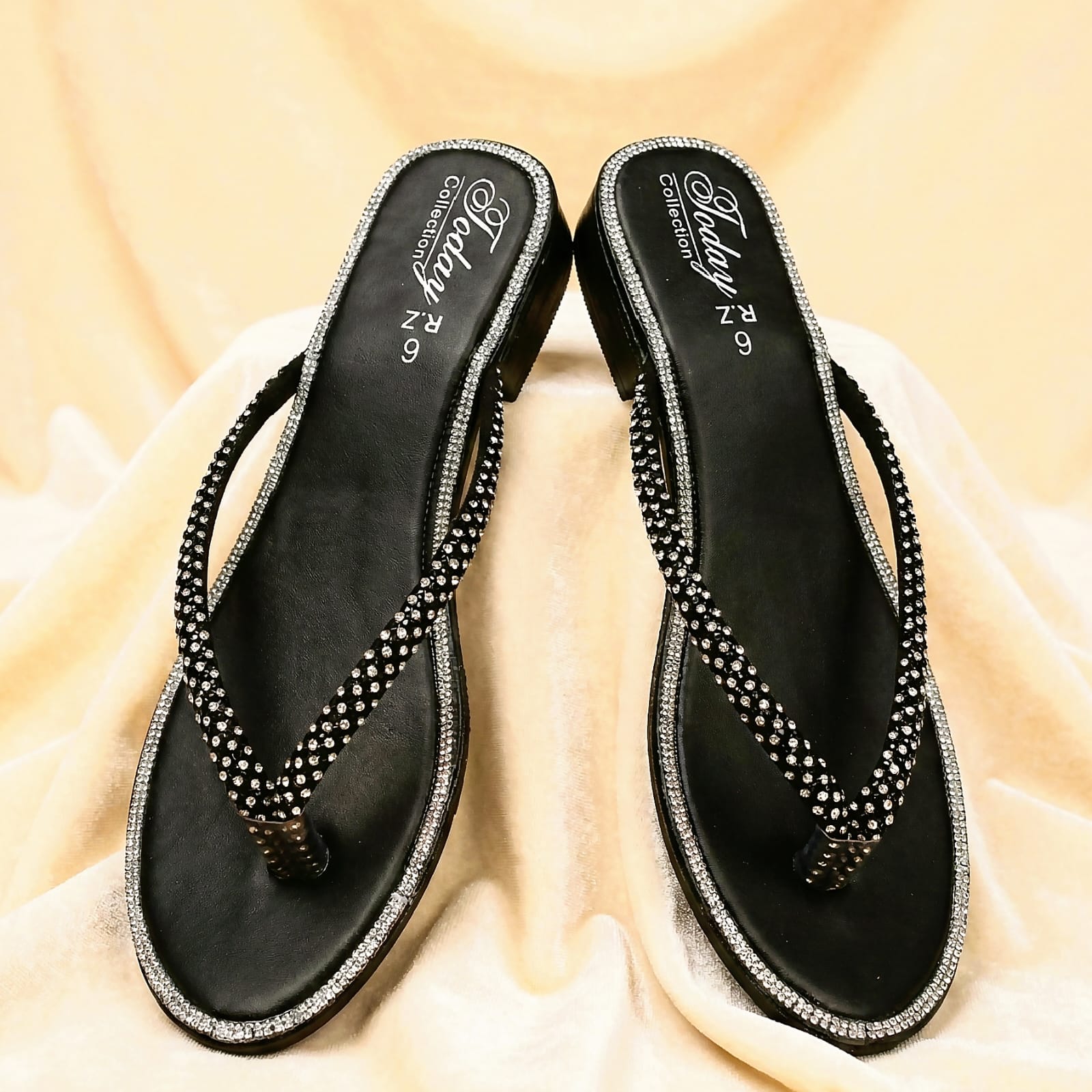 Indian Designer Women’s Toe-Ring Flats Black Crystal Embellished Slip-On Sandals Party Festive & Daily Wear Footwear