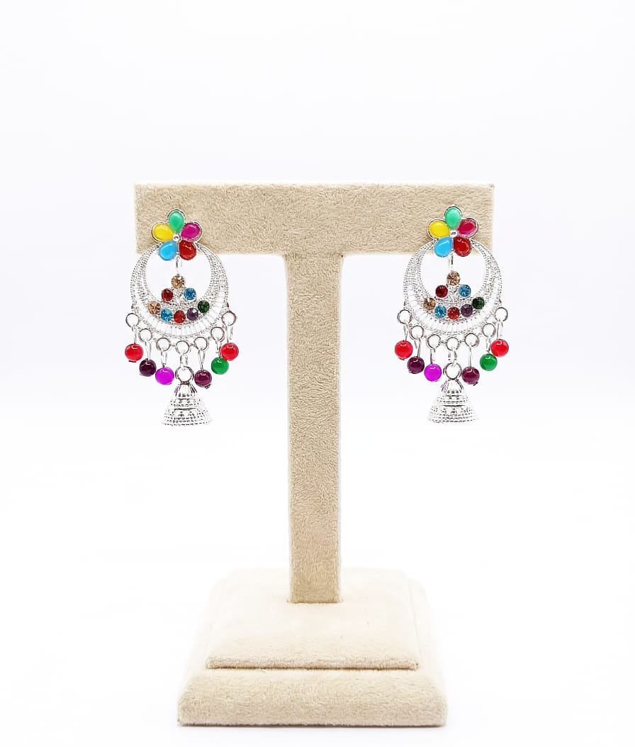 Silver Finish Multicolor Beaded Jhumka Earrings for Women – Artificial Ethnic Jewellery
