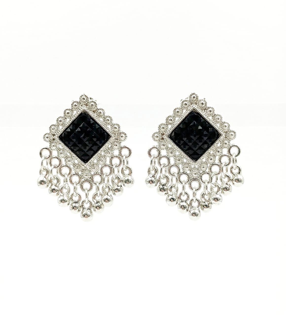 Silver Finish Black Stone Artificial Earrings for Women – Party & Ethnic Wear