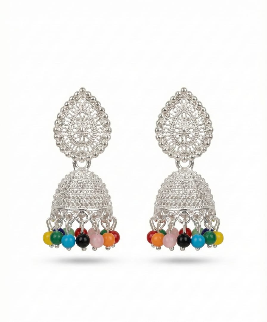 Silver Finish Multicolor Beaded Jhumka Earrings for Women – Artificial Ethnic Jewellery