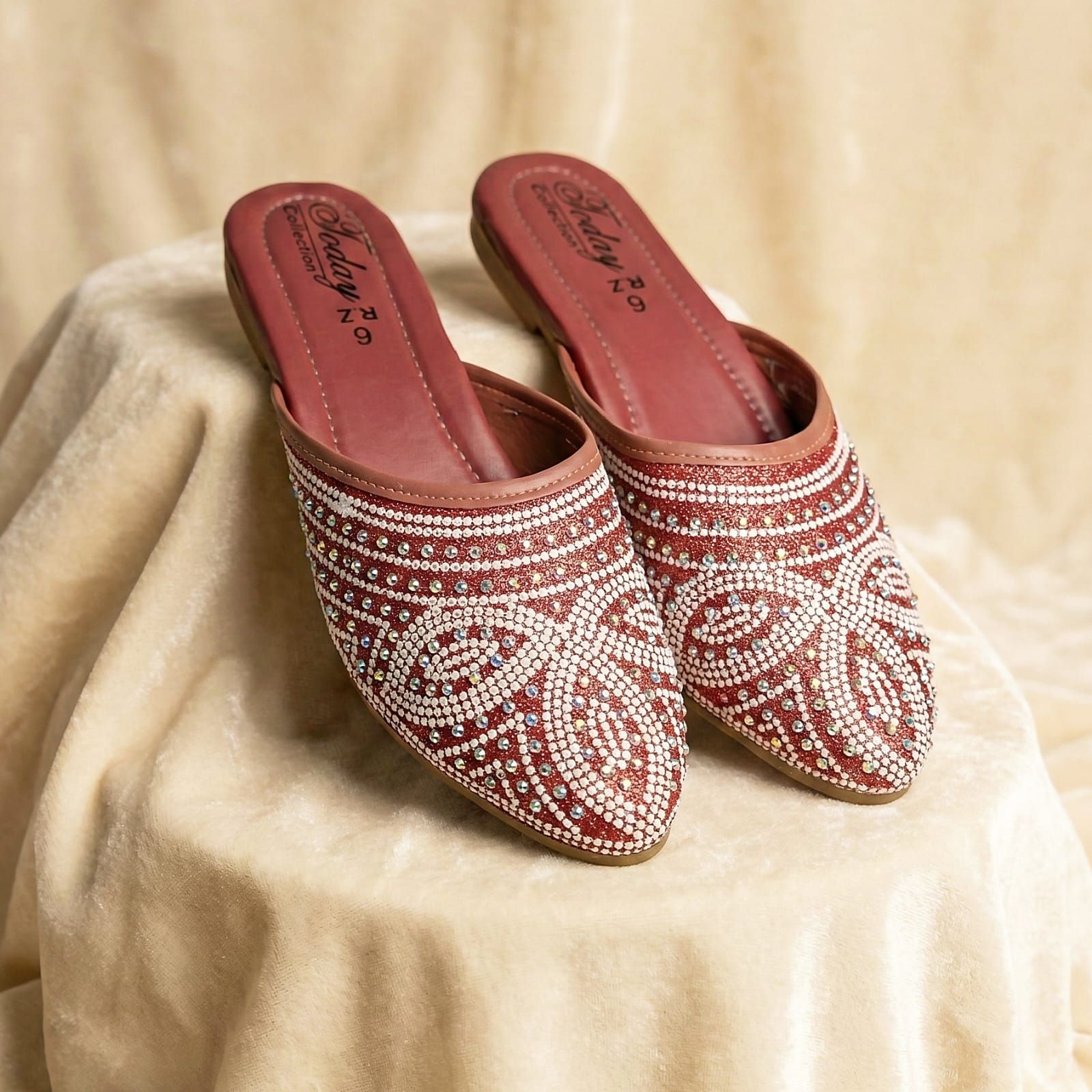 Luxury Maroon Crystal Embellished Women Mule Flats – Party Festive & Ethnic Wear