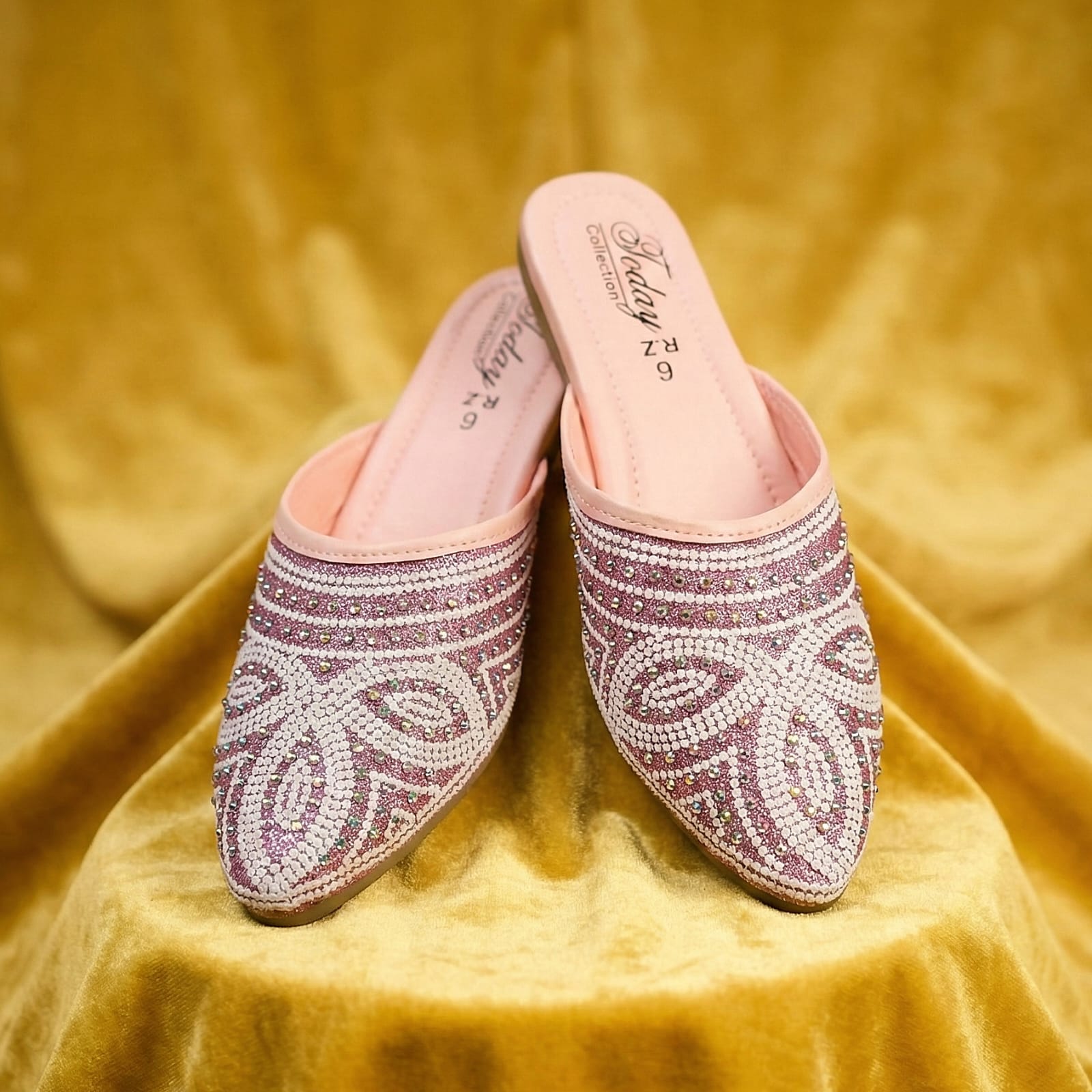 Luxury Blush Pink Crystal Embellished Women Mule Flats – Party Festive & Ethnic Wear