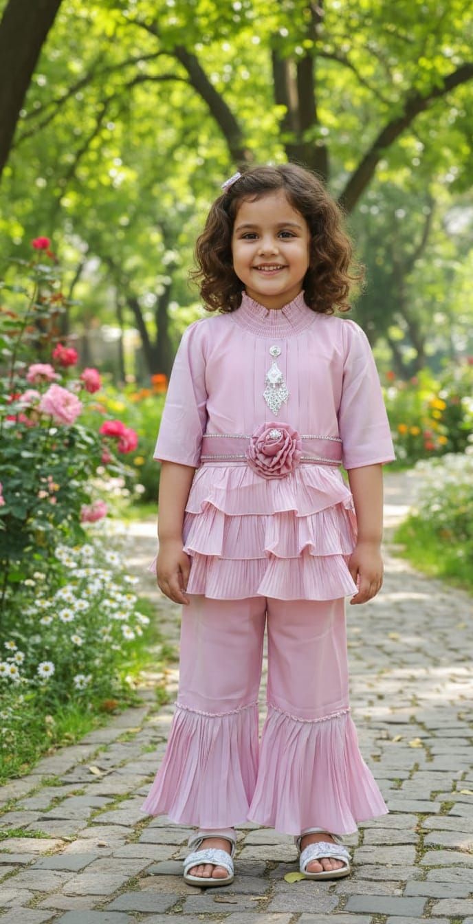 Girls Pink Ruffle Outfit – Kids Fashion Photography in Garden