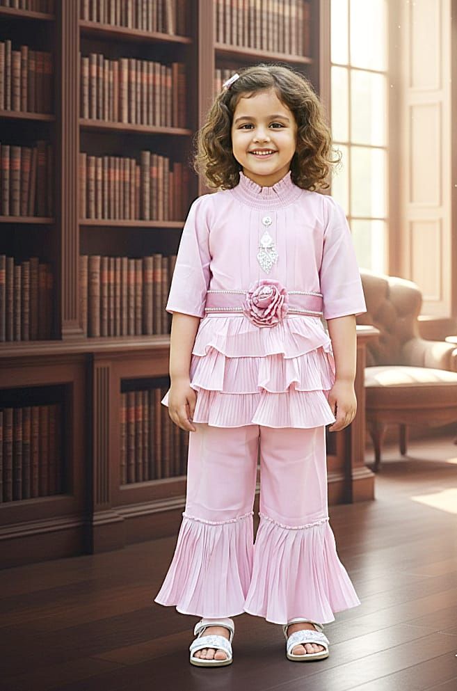 Girls Pink Ruffle Outfit – Kids Fashion Photography in Garden