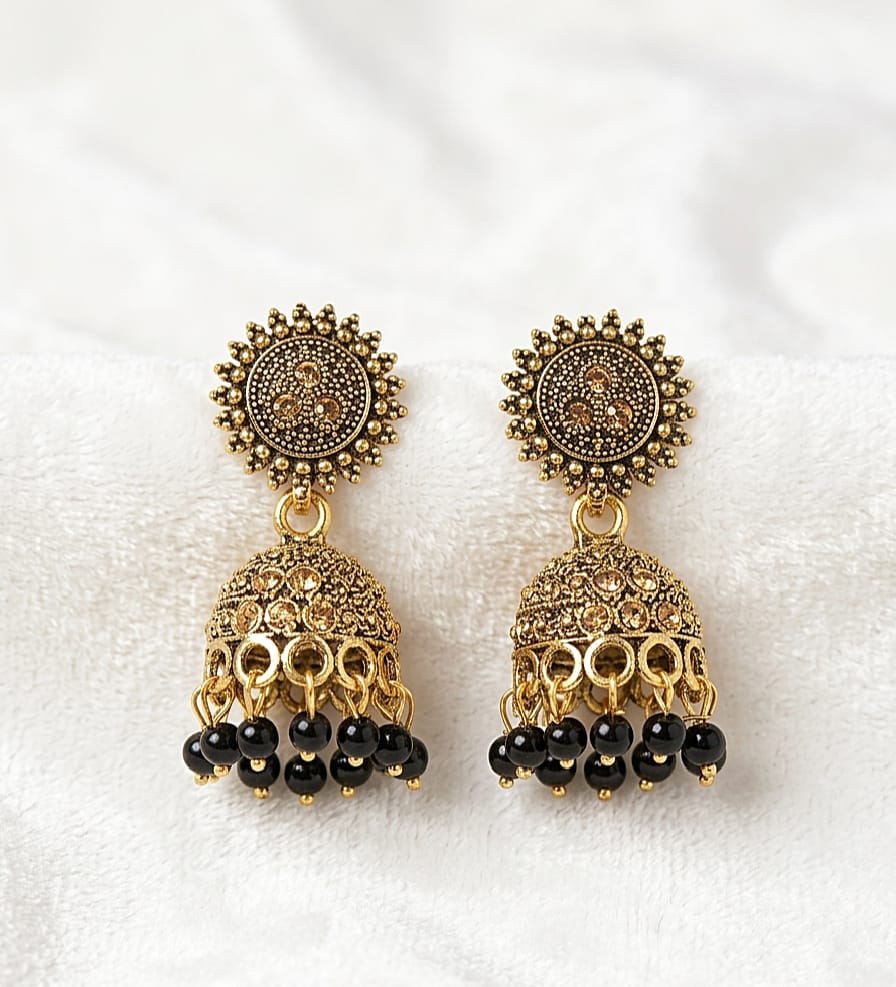 Traditional Gold Plated Artificial Jhumka Earrings with Black Beads for Women
