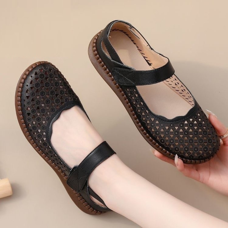 지디오 여성 소프트 가죽 샌들 2.5CM 펀칭 단화 찍찍이 발편한 푹신 통기성