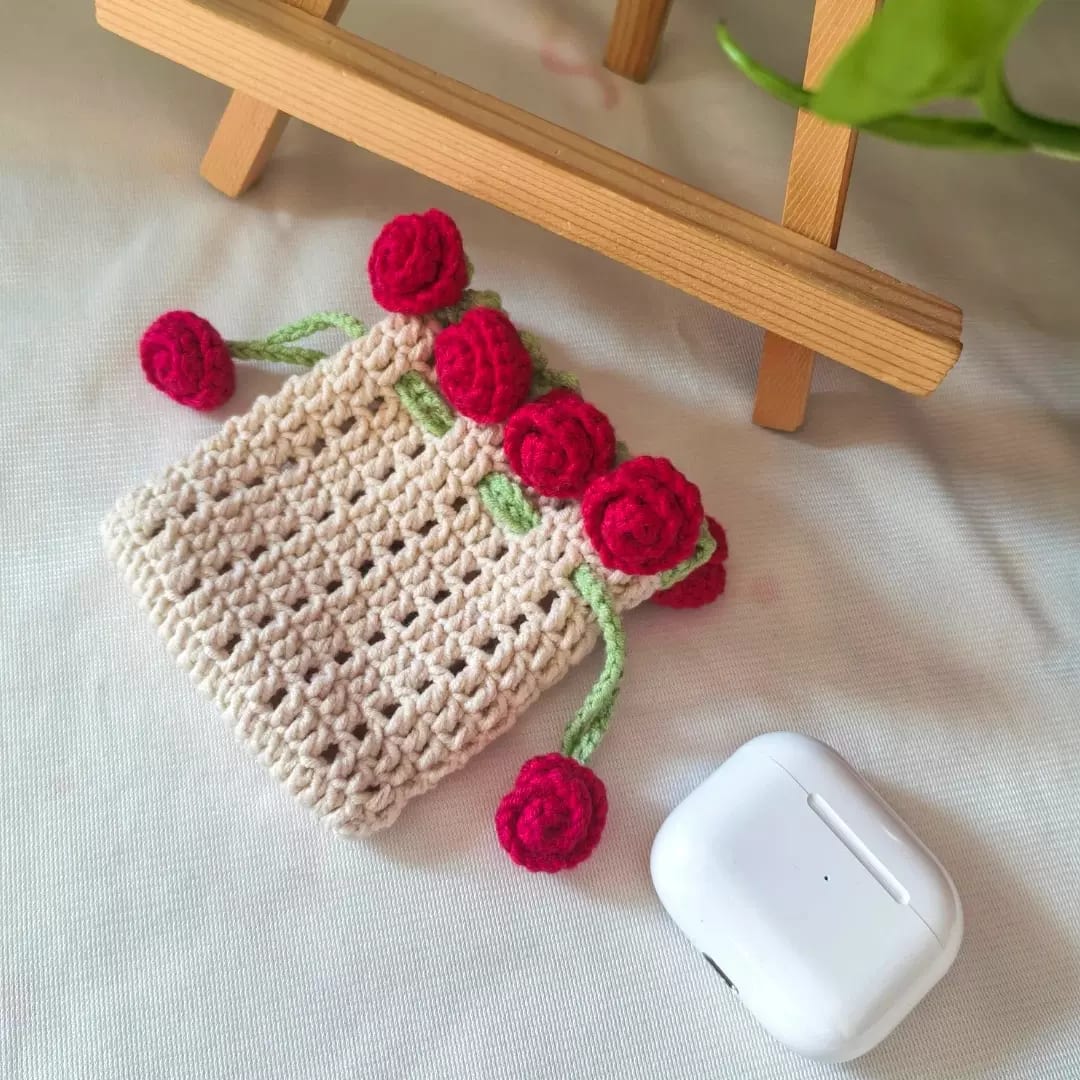 Rose Earphone Pouch Drawstring Bag