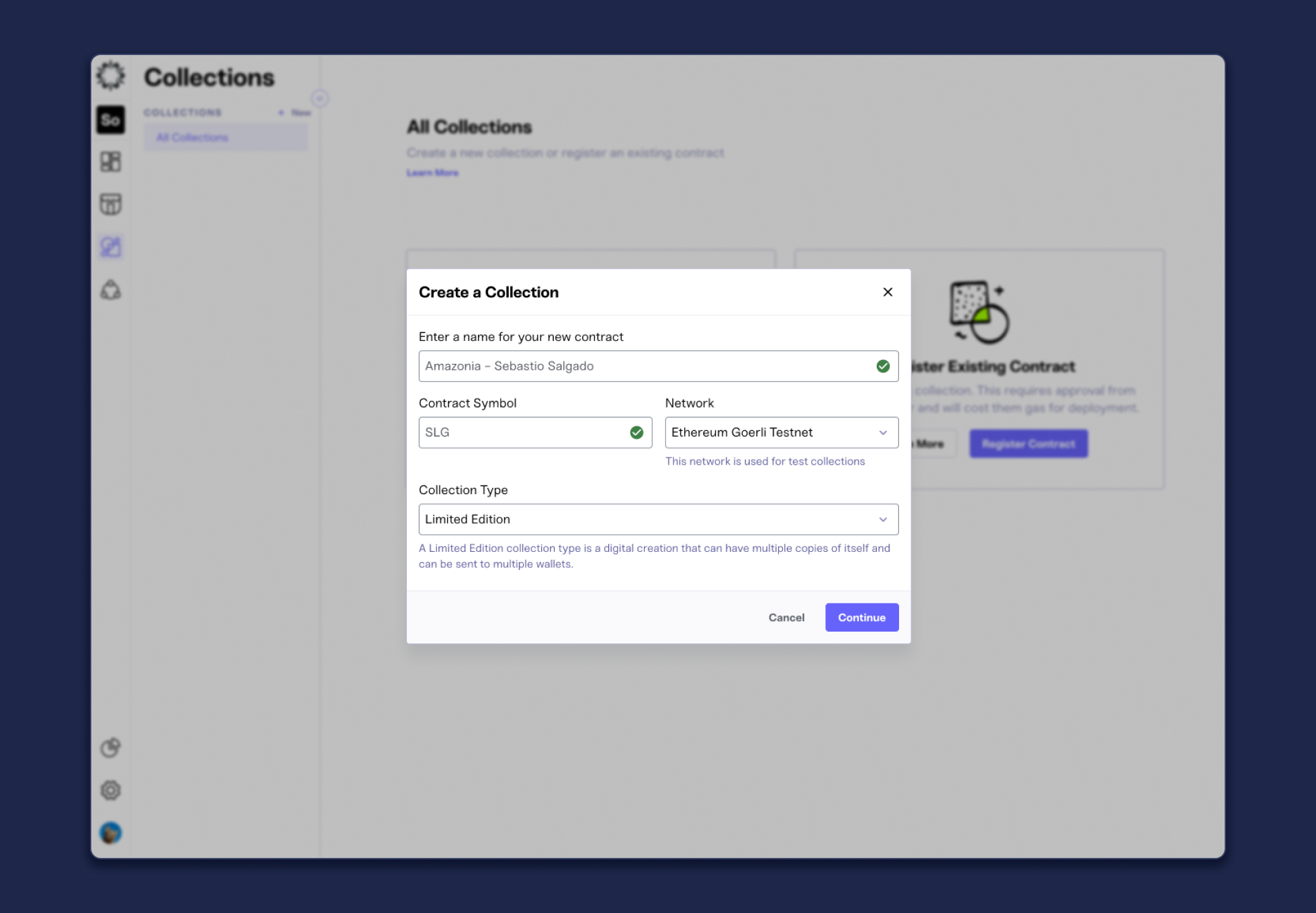 mint v2 create collection modal