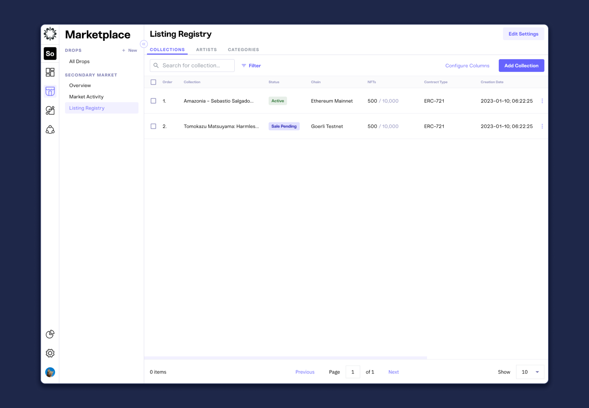 mint v2 secondary market listings resgistry