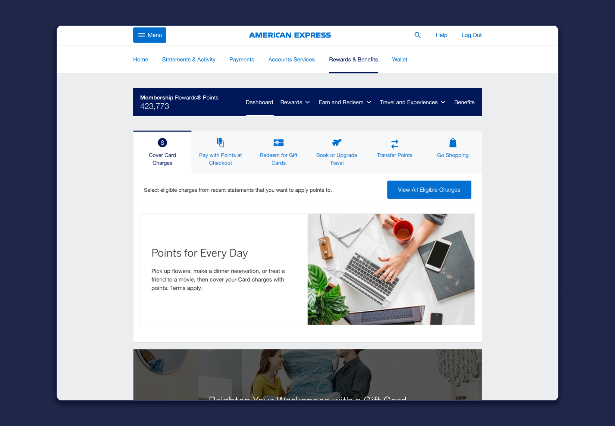 AMEX dashboard claimed reward