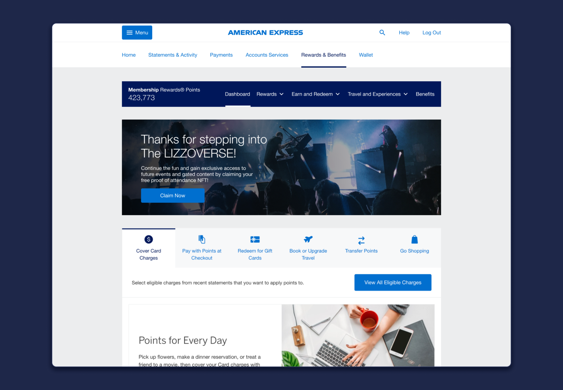 AMEX rewards dashboard welcome to the Lizzoverse