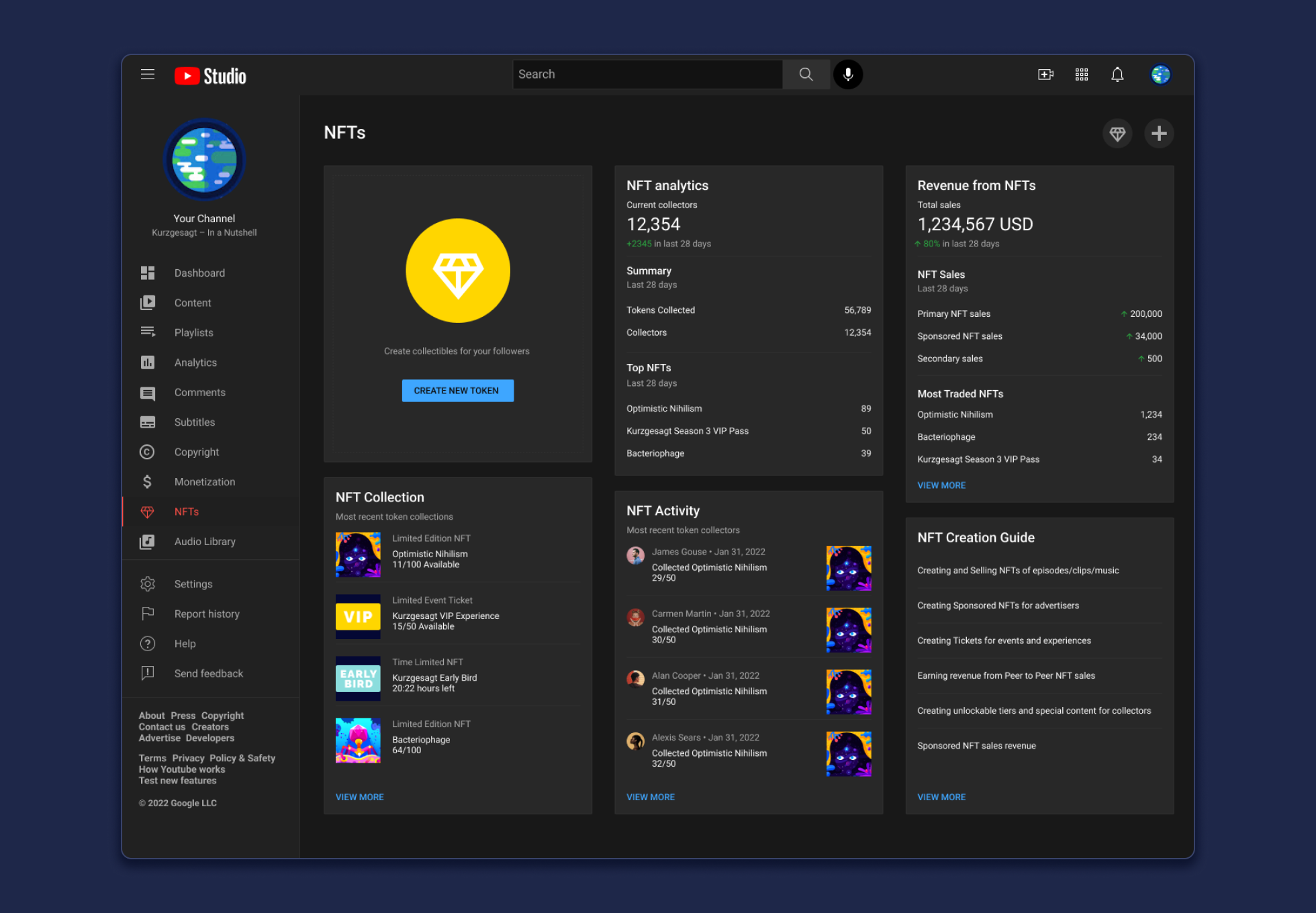 youtube creator dashboard view NFT