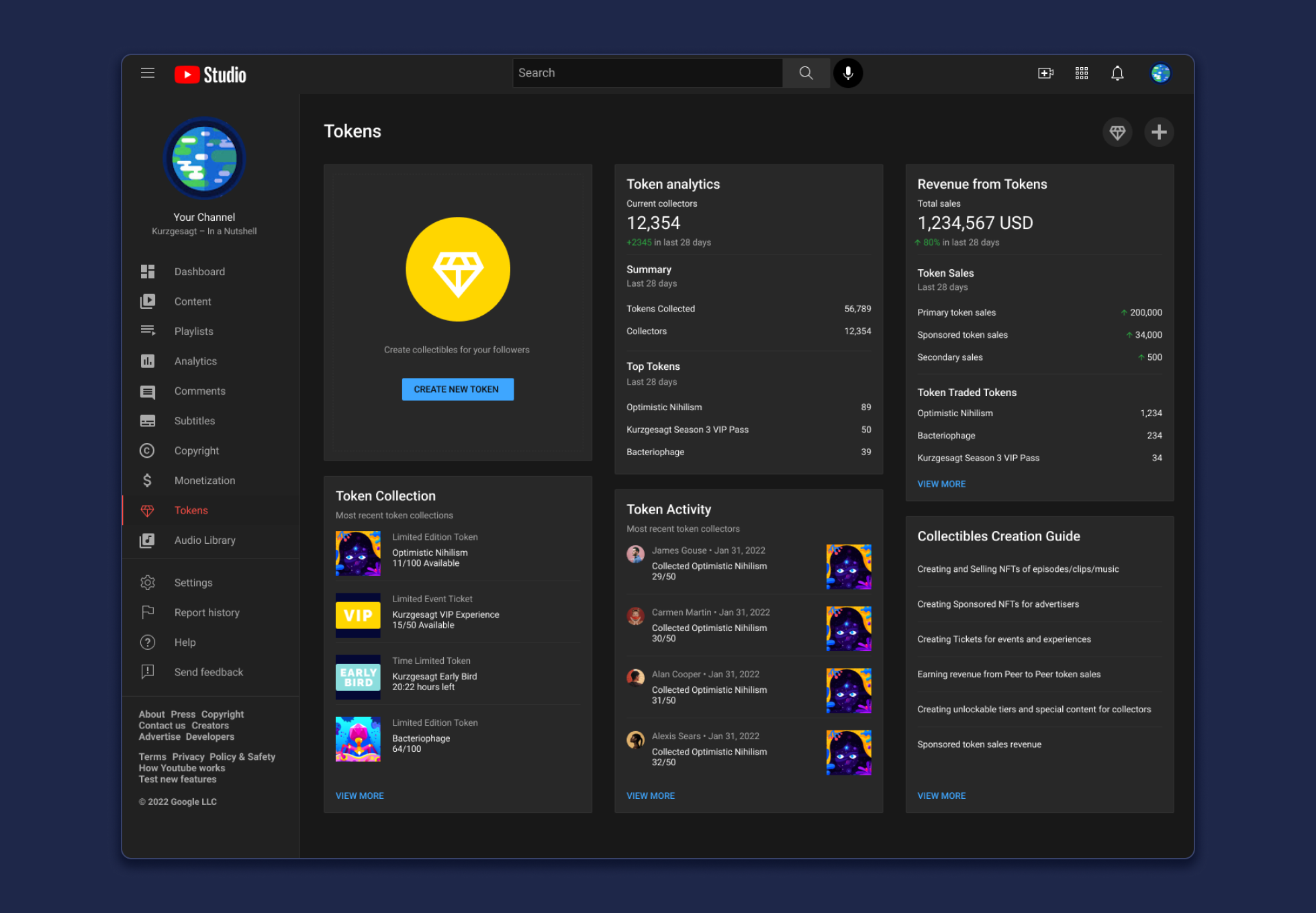 youtube creator dashboard view Tokens