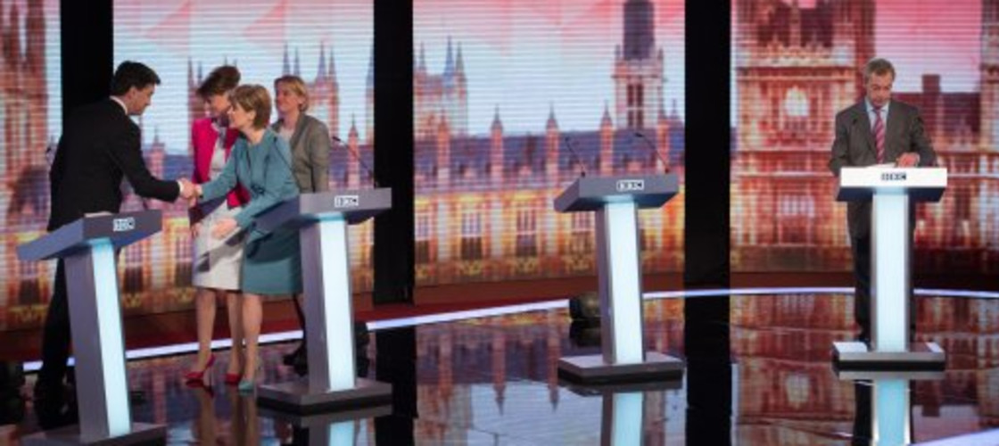 Nigel Farage, Nicola Sturgeon, Natalie Bennett, Leanne Wood and Ed Miliband at the BBC debate