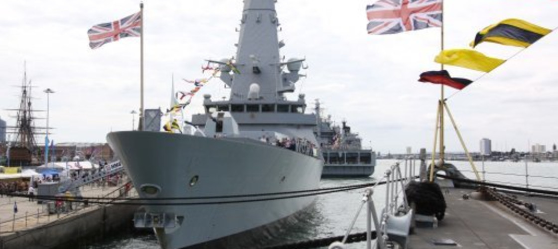 The iconic HMS Dauntless Type-45 destroyer anchored at the Portsmouth Naval Base The iconic HMS Dauntless Type-45 destroyer anchored at the Portsmouth Naval Base