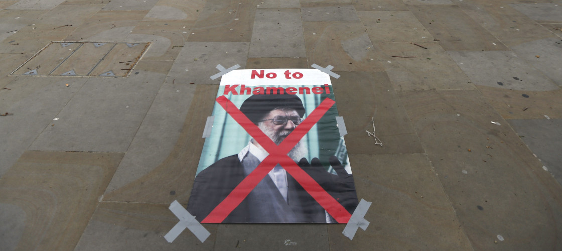 A poster with a photo of Ayatollah Ali Khamenei, Iran's Supreme Leader, is seen placed by Iranian activists, not seen, staging a protest against their government opposite Downing street in central London A poster with a photo of Ayatollah Ali Khamenei, Iran's Supreme Leader