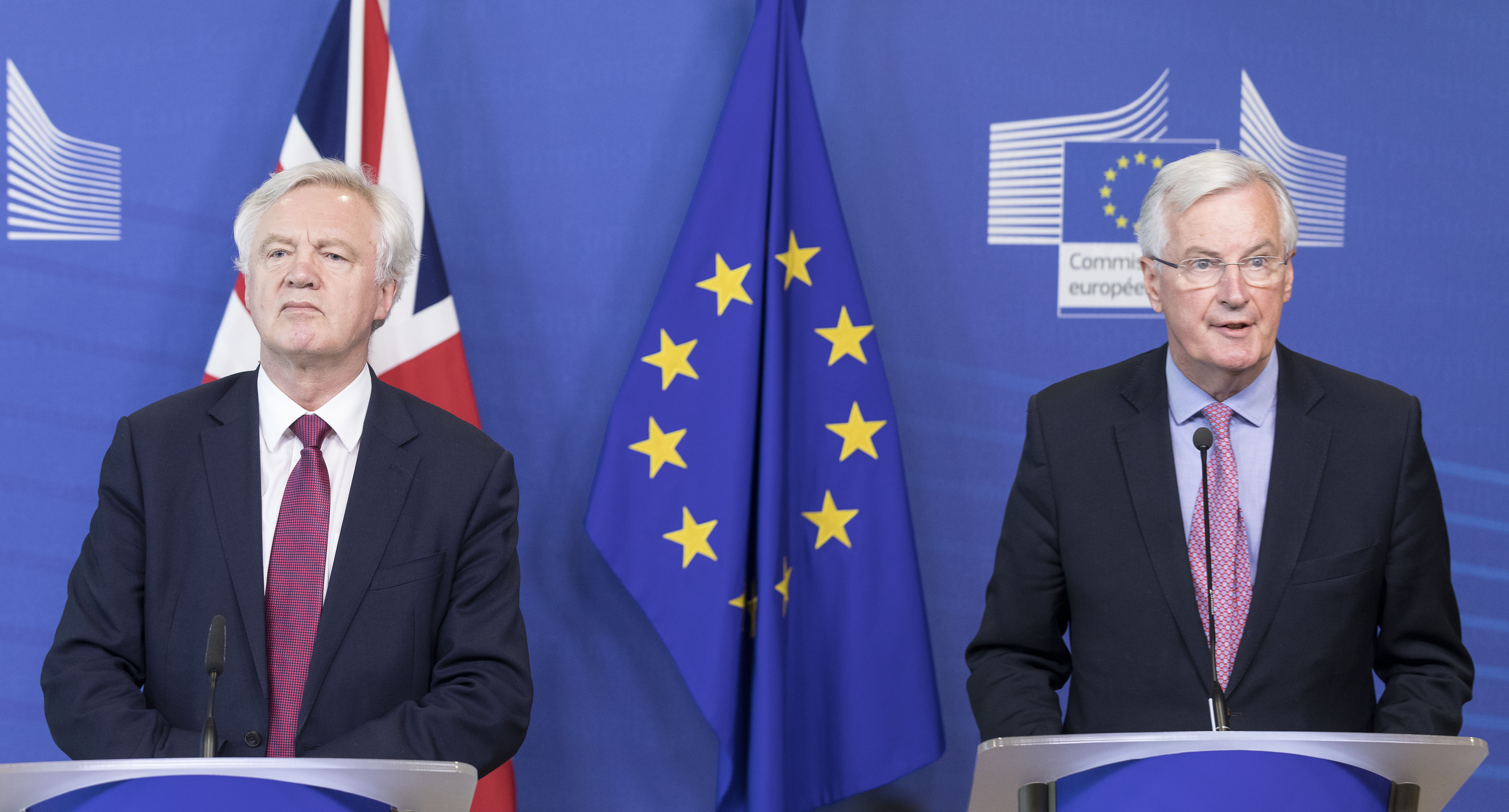 David Davis and Michel Barnier at a joint press conference last month David Davis and Michel Barnier at a joint press conference last month