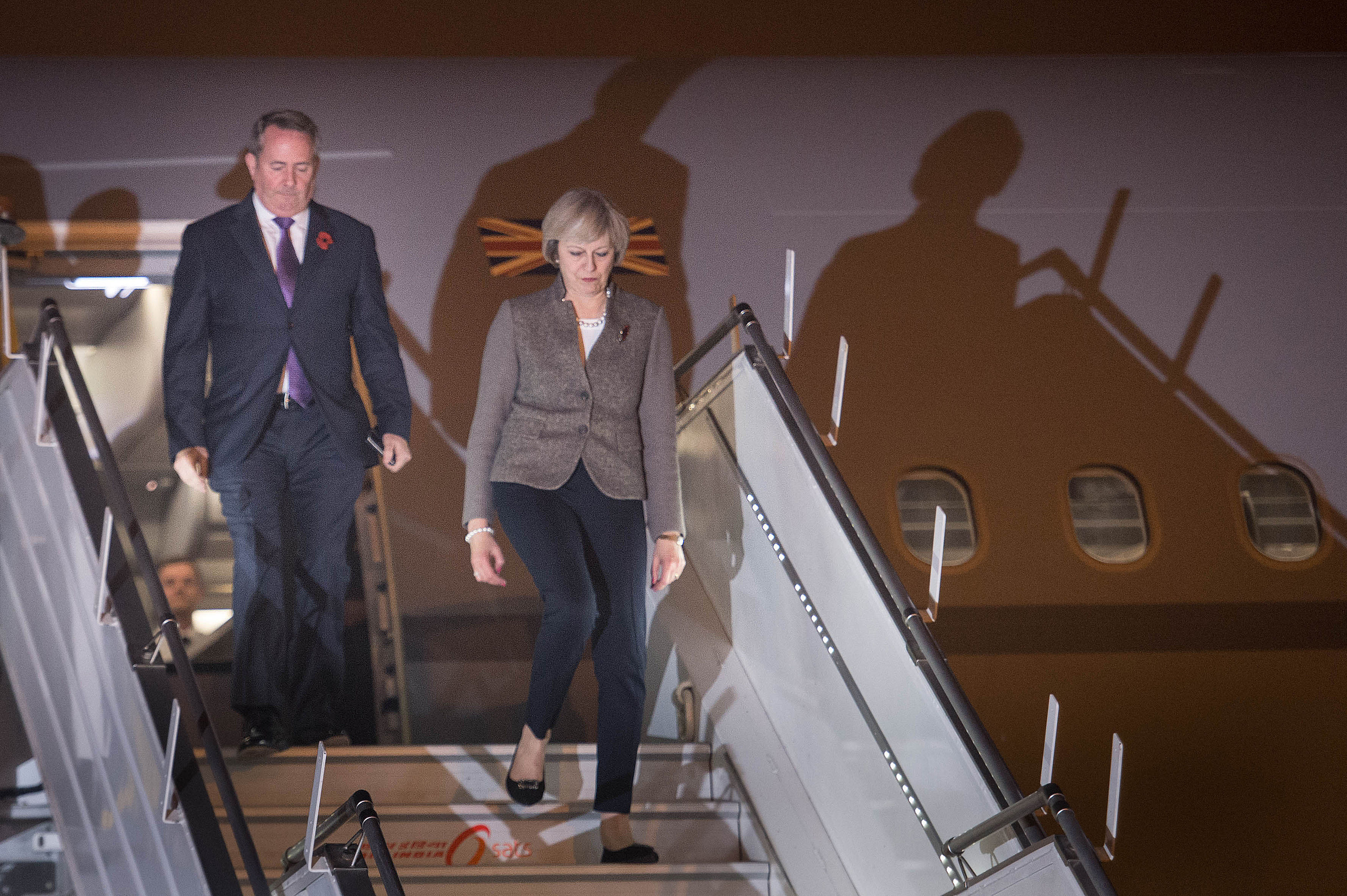 Theresa May and Liam Fox descend the steps of a plane in New Delhi Theresa May and Liam Fox descend the steps of a plane in New Delhi