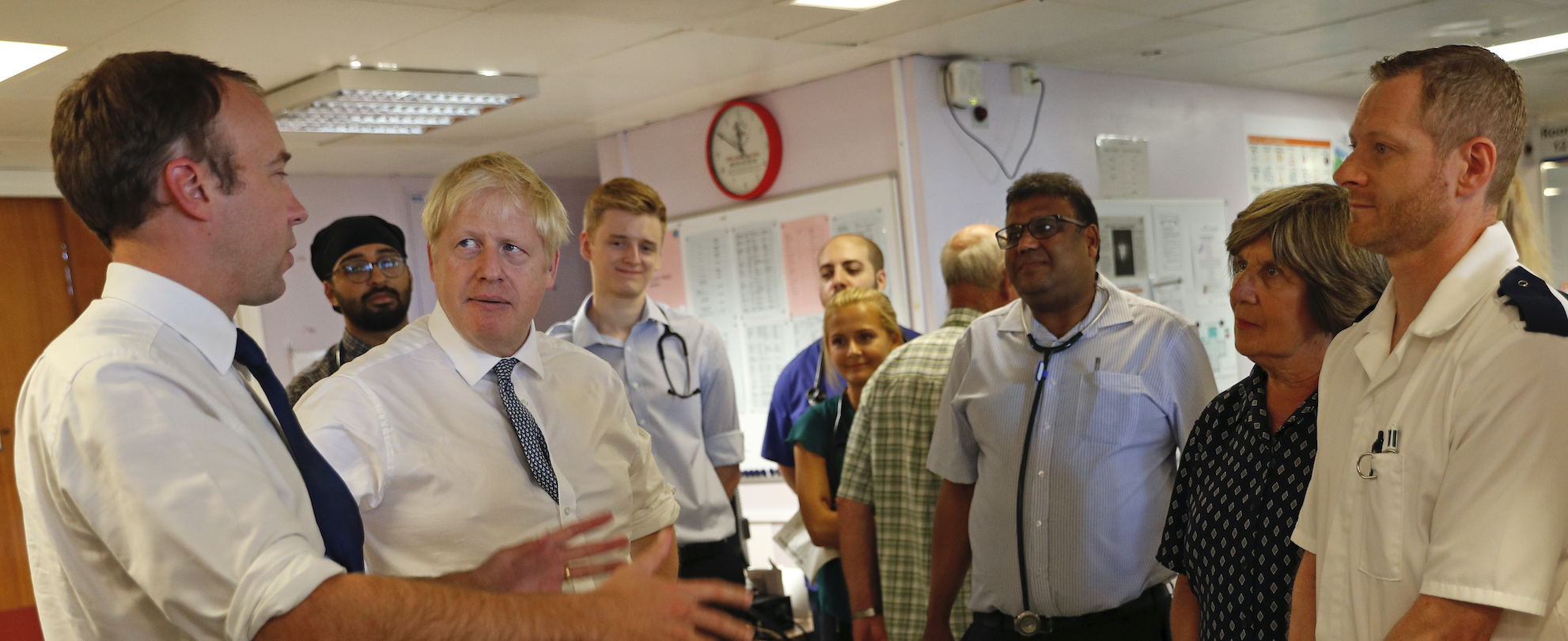 Matt Hancock and Boris Johnson visit an NHS hospital. Matt Hancock and Boris Johnson visit an NHS hospital.