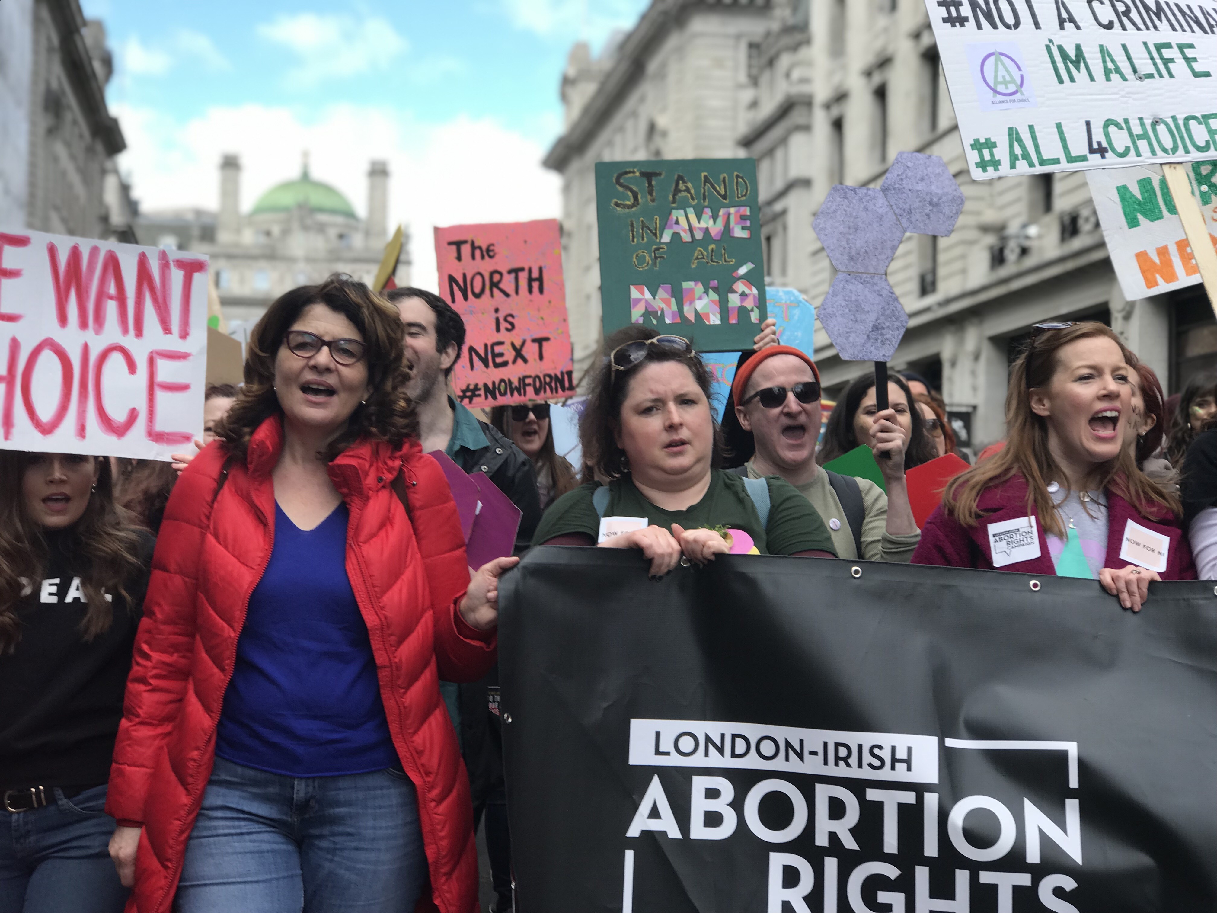 Diana Johnson MP and abortion rights campaigners march in the London 2019 St Patrick's Day Parade holding pro-choice banners Diana Johnson MP and abortion rights campaigners march in the London 2019 St Patrick's Day Parade holding pro-choice banners